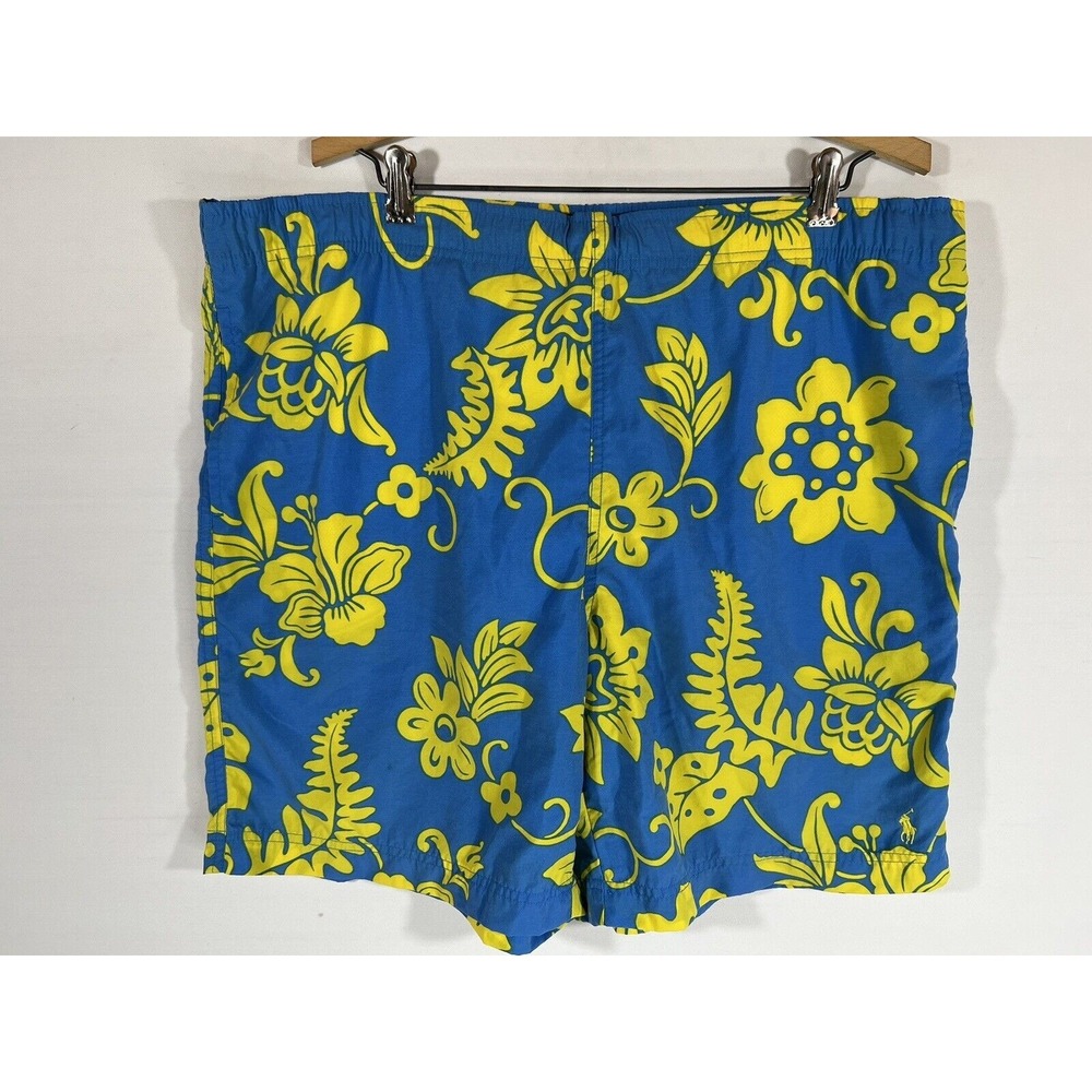 Polo Sport Mens Swim Trunks‎ Large Lined Blue Yellow Drawstring Pockets